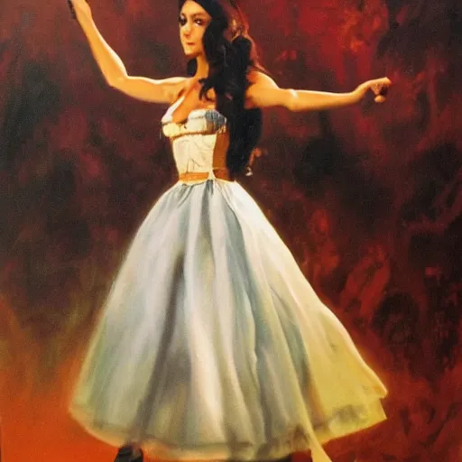 Image similar to ultra realistic portrait painting of nina dobrev wearing a dirndl in west side story, art by frank frazetta, 4 k, ultra realistic, highly detailed, epic lighting.