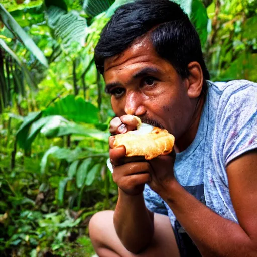 Prompt: a high detail photograph of a proud guatemalan citizen eating a hamburger in the middle of the jungle, award winning photograph