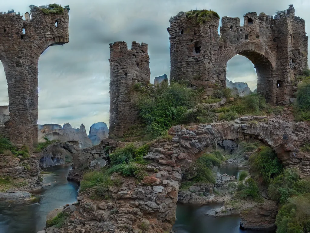 Prompt: Stone arch as bridge connecting two sides over the canyon, in the distance big ancient castle with destroyed tower on the right, highly detailed, matte painting, wide lens, overcast sky, ultra realistic, 4k, 8k resolution, trending on artstation, octane render, unreal engine, cinematic