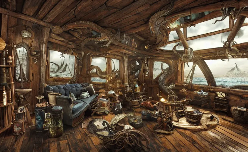 Prompt: pirate captain living room interior in the middle of a stormy ocean, with a witch cauldron and bottles of potions and ingredients in jars, sunny, natural materials, rustic wood, window sill with plants, vines on the walls, dried herbs under the ceiling bookshelves, design. A giant dragon looking through the window. Fire. Gigantic dragon eye. Mordor