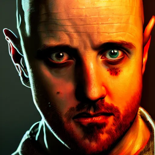 Image similar to Jesse Pinkman, zombie killer, butcher, portrait, fantasy, beautiful face, medieval, vivid colors, elegant, concept art, sharp focus, digital art, Hyper-realistic, 4K, Unreal Engine, Highly Detailed, HD, Dramatic Lighting by Brom, trending on Artstation