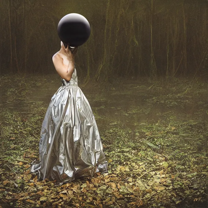 Image similar to a closeup portrait of a woman wrapped in plastic, standing next to a levitating onyx orb, in a swamp, color photograph, by vincent desiderio, canon eos c 3 0 0, ƒ 1. 8, 3 5 mm, 8 k, medium - format print