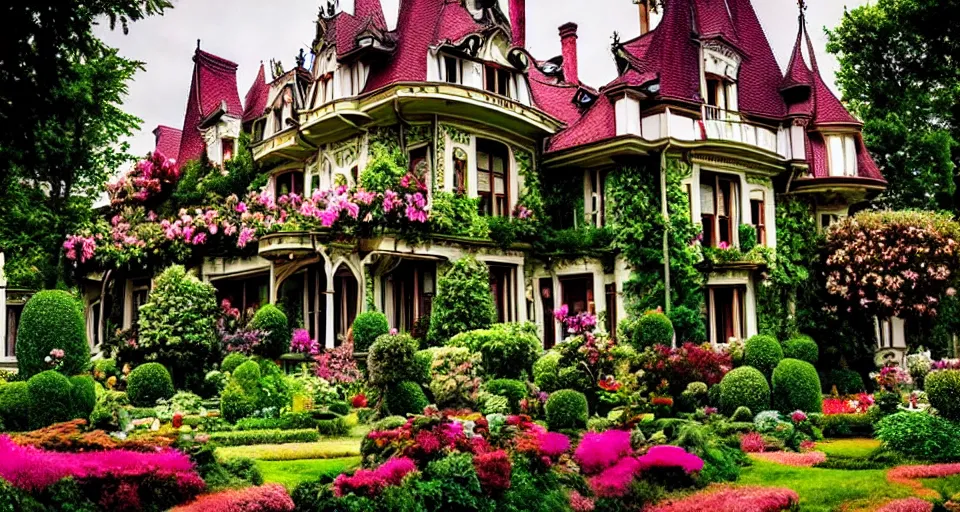 Image similar to An incredibly beautiful scene from a 2022 film featuring an art nouveau mansion flower garden.