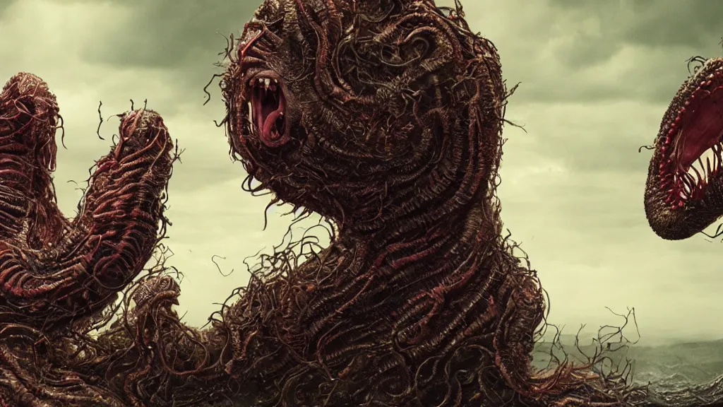 Image similar to screaming worm monster, maximalist, high detail, 8k, ornate, dark fantasy, realistic, masterpiece, complex, WLOP, film still from the movie directed by Denis Villeneuve with art direction