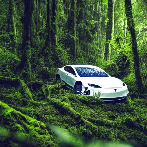 Image similar to A cinematographic 30mm shot of crashed white tesla cars resembling skeletons of whales outgrown by moss, vines and ferns, submerged in a lush and dense forest, dusk light filtering from the trees below. The scene is apocalyptic, eerie but serene, volumetric, 8k, high resolution