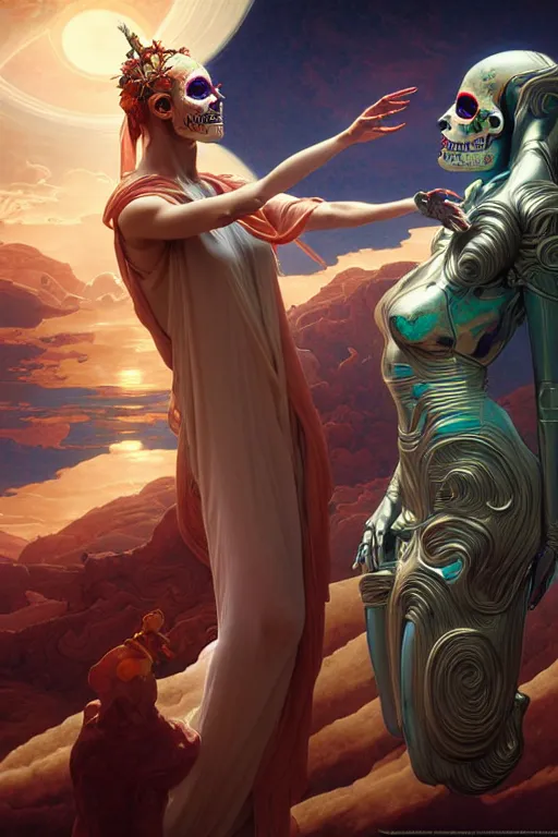 Image similar to the creation of adam, ultra detailed female android deity, scifi, octane render, ( dia de los muertos ), matte painting, asymmetrical, intricate concept art, triadic color scheme, art by artgerm and michelangelo and dzo and greg rutkowski and alphonse mucha and wlop