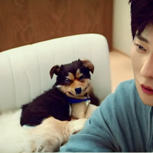 Image similar to cinematic shot of yoon suk - yeol and a cute puppy smoking weed together on a couch, 8 k, intricate, detailed,