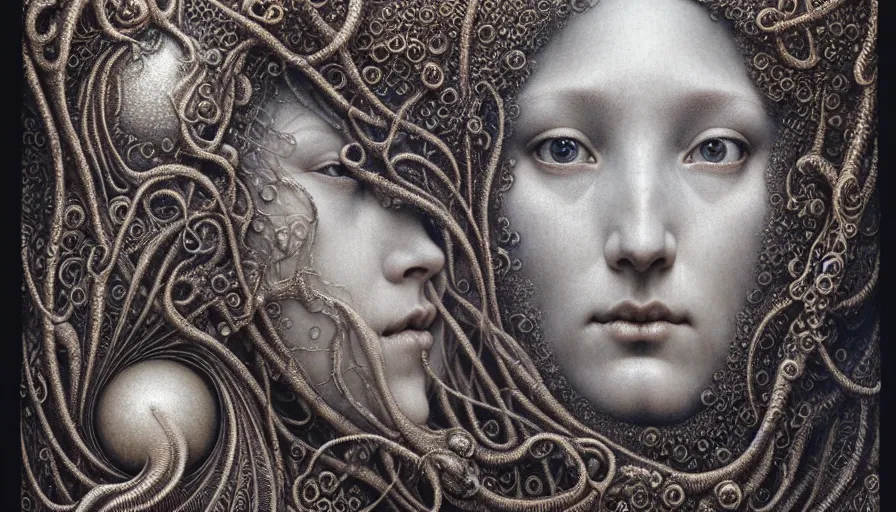 Image similar to detailed realistic beautiful moon goddess face portrait by jean delville, gustave dore, iris van herpen and marco mazzoni, art forms of nature by ernst haeckel, art nouveau, symbolist, visionary, gothic, neo - gothic, pre - raphaelite, fractal lace, intricate alien botanicals, ai biodiversity, surreality, hyperdetailed ultrasharp octane render