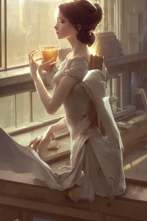 Image similar to an attractive serene cute android in a cafe, partially human , partially biomedical design , natural atmosphere, great high details, highly reaslitic, cinematic lighting, intricate, elegant, super highly detailed, art station, concept arD, beautiful, delicate, art by artgerm and greg rutkowski and alphonse mucha and loish and WLOP