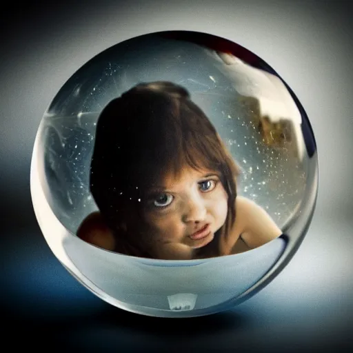 Prompt: photo of crystal ball with a frightened child's head trapped inside