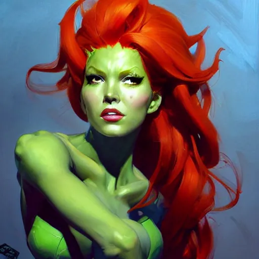 Prompt: Greg Manchess portrait painting of Poison Ivy as Overwatch character, medium shot, asymmetrical, profile picture, Organic Painting, sunny day, Matte Painting, bold shapes, hard edges, street art, trending on artstation, by Huang Guangjian and Gil Elvgren and Sachin Teng