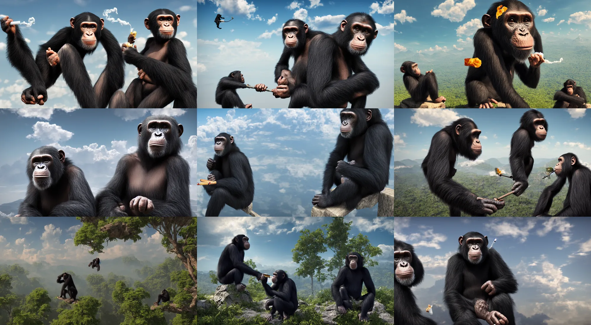 Prompt: unreal engine 5, 8 k, | a beautiful chimpanzee sitting amongst the clouds, high in the sky, smoking a joint and getting high as cloud 9 | 4 2 0 friendly apes with blunts in the clouds | trending on artstation