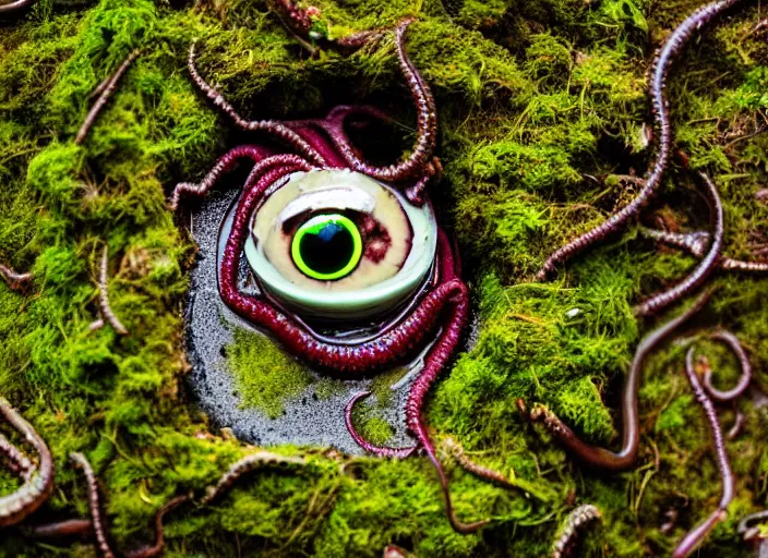 Image similar to dslr photograph of a bowl eldritch horror soup filled with tentacles and eyeballs on a mossy sewer floor, 8 5 mm f 1. 8