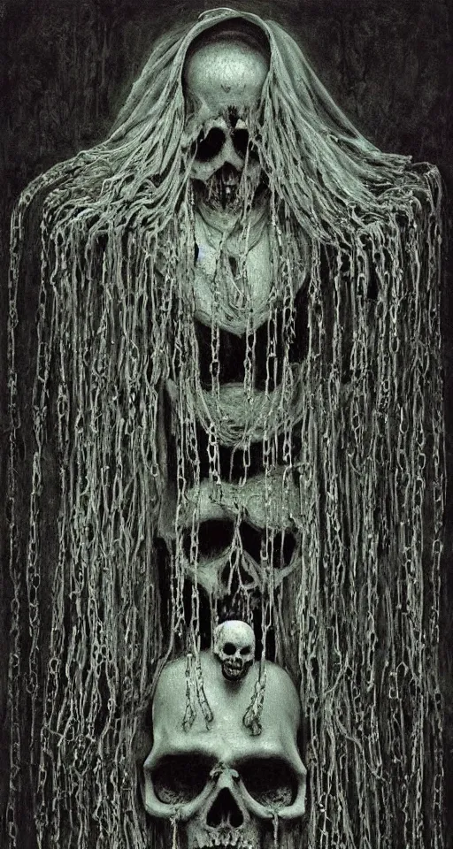 Prompt: creepy levitating skull ghosts with chains and long beautiful flowing translucent cloth, symmetrical, cursed faces, occult, dim lighting, incredibly detailed and intricate, elegant, melancholic, immaculate, forgotten, Beksinski