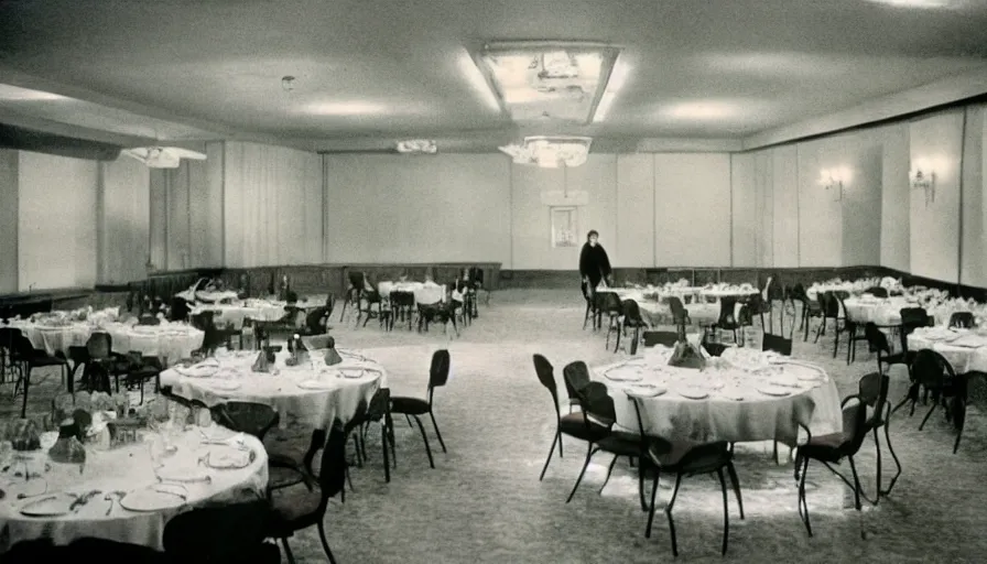 Image similar to 70s movie still of a man with very very long arms in a soviet ballroom, eastmancolor, heavy grain, high quality, higly detailed, liminal space