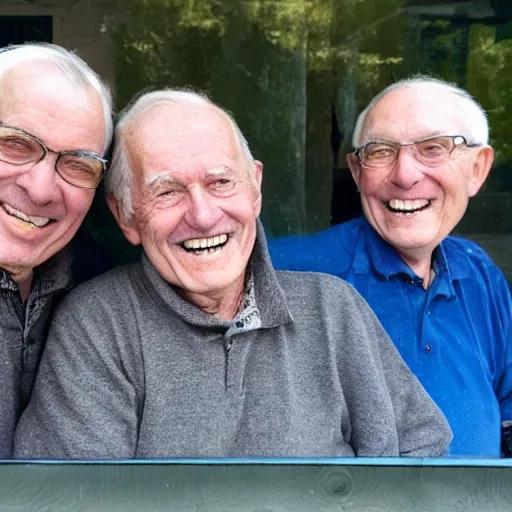 Image similar to several smiling old men seen through a small window