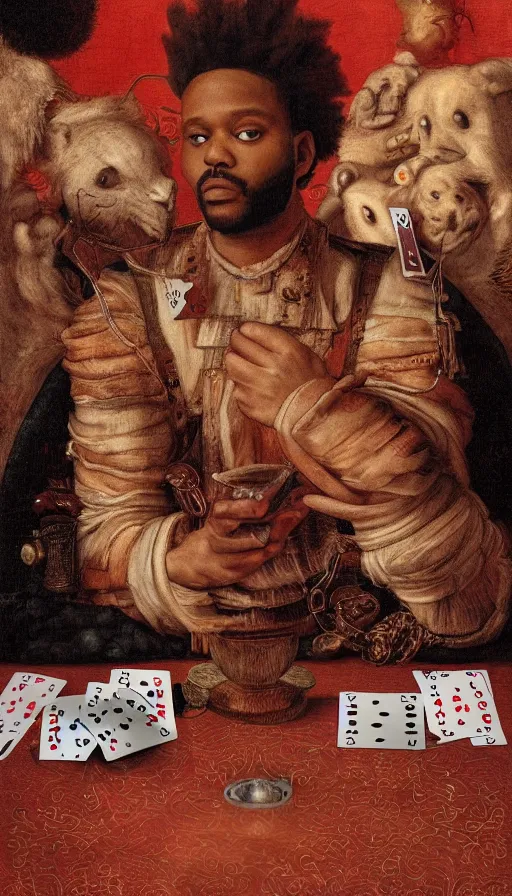 Prompt: the weeknd playing cards at night by giuseppe arcimboldo, brown skin, classical painting, digital painting, romantic, vivid color, red tint