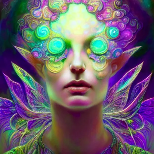 Image similar to An extremely psychedelic crystalline soul fairy, multifaceted, crystals, surreal, dramatic lighting, magic mushrooms, psilocybin, LSD, face, detailed, intricate, elegant, lithe, highly detailed, digital painting, artstation, concept art, smooth, sharp focus, illustration, art by Krenz Cushart and Artem Demura and alphonse mucha