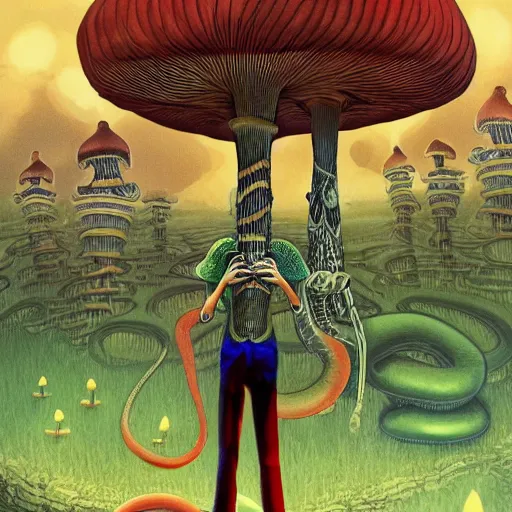 Image similar to A centered chest up portrait of a psychedelic demonic anthropomorphic snake smoking a hand-rolled cigarette smoking heavily , magic mushroom village in background , IMAX cel animation by tokyo movie shinsha , award winning. superb resolution. in the art style of junji Ito and greg rutkowski . Detailed Mushroom city in background. Hyper realistic anime. Perfect art. Dalle2