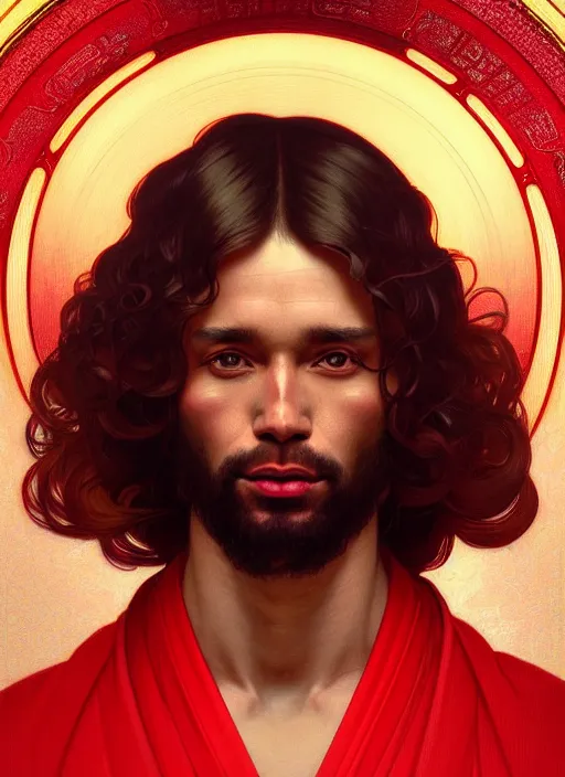 Image similar to symmetry!! portrait of terrence boyd as a jesus christ in a red kimono with an halo, face close - up, intricate, elegant, highly detailed, digital painting, artstation, concept art, smooth, sharp focus, illustration, art by artgerm and greg rutkowski and alphonse mucha