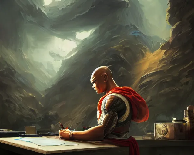 Image similar to an insanely detailed painting of an asian man wearing a homemade superhero costume, sitting at a desk, staring at the nervously at the computer and typing, in the style of peter mohrbacher, dramatic lighting and composition, surreal background, octane render, pixar, trending on artstation, concept art, comic book, view from behind