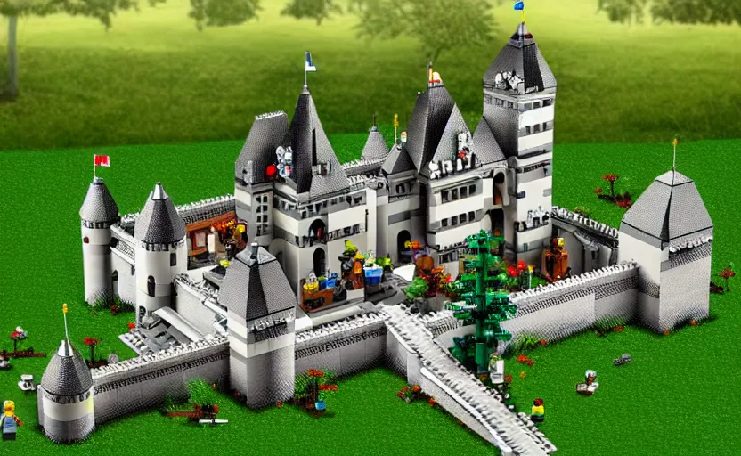 Image similar to a realistic detailed accurate Lego set of a medieval French castle on a forested green hill