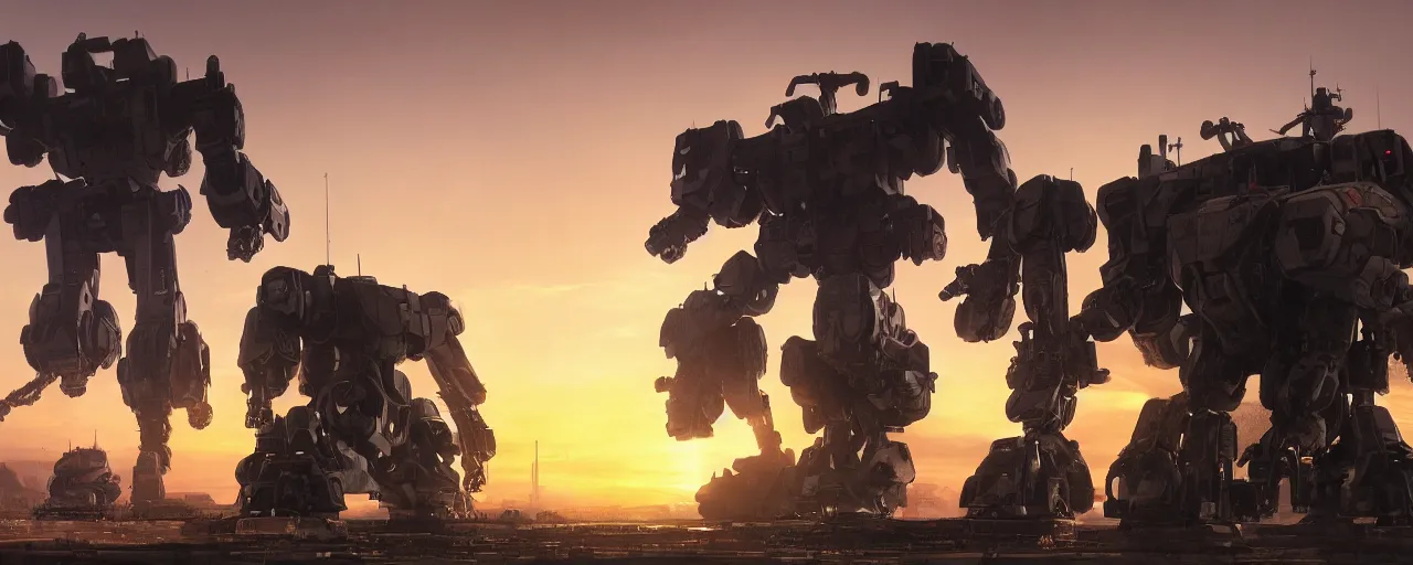 Image similar to A real photo of a giant mechwarrior robot and the sunset in the distance, by Josan Gonzalez, Yoji Shinkawa and Geof Darrow, highly detailed, Unreal Engine Render, 3D, 8k wallpaper