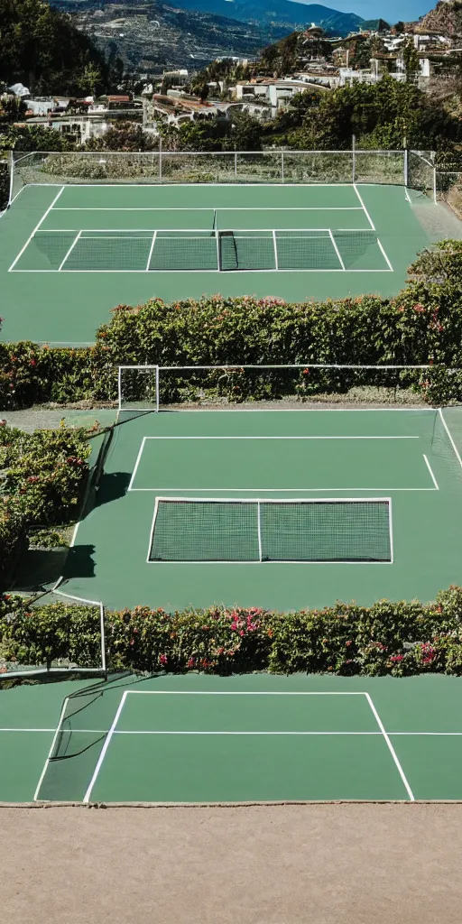 Image similar to The tennis court of the seaside resort, with a mountain background, taken by a professional photographer.