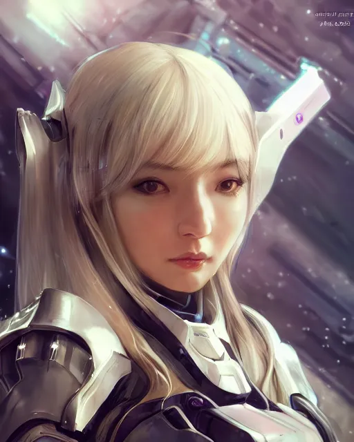 Image similar to detailed portrait of perfect android girl, warframe armor, beautiful face, scifi, futuristic, space station, laboratory, song hye - kyo, dreamy, long white hair, blue cyborg eyes, cinematic lighting, innocent, highly detailed, sharp focus, smooth, artstation, intricate, award winning, pure aura, divine, by akihiko yoshida