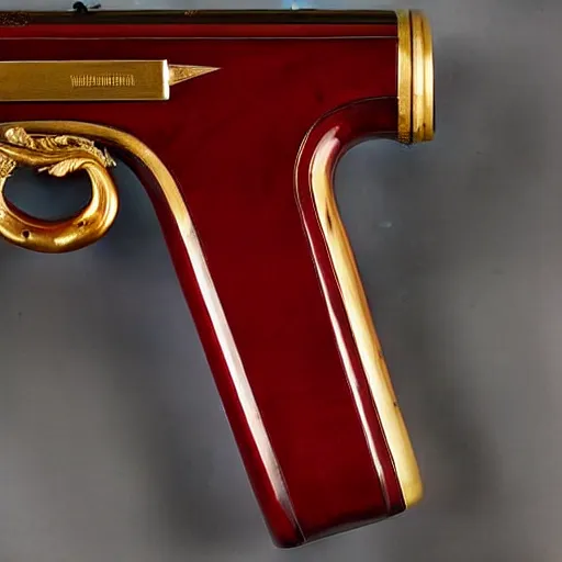 Image similar to a shotgun made from glossy red - painted wood and elements of gold metalwork, full - length photograph