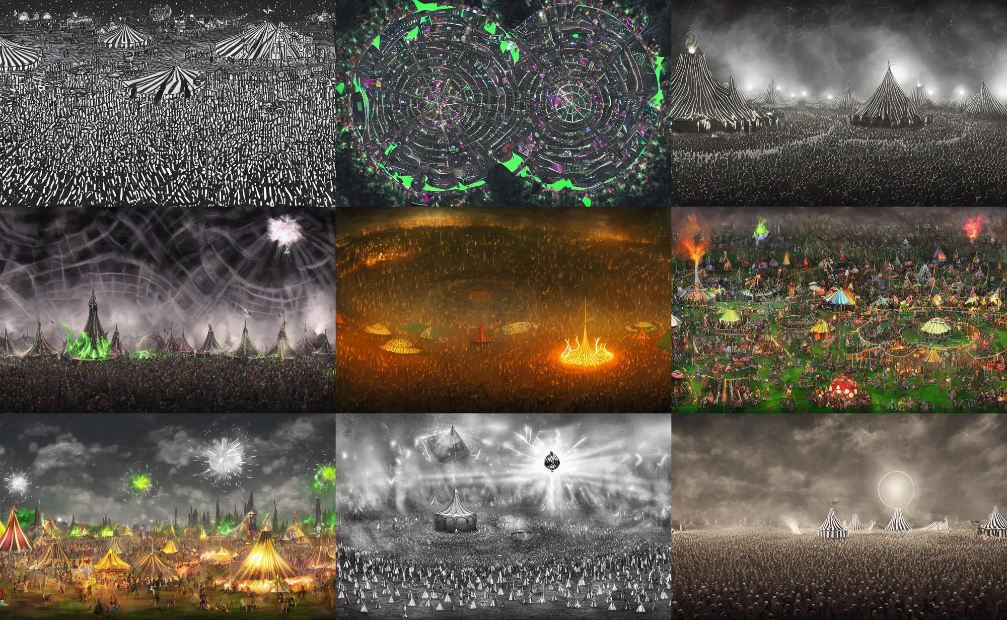 Prompt: huge magical circus in a field at night with huge tents in a circle formation that have black and white stripes, a giant cauldron that has a green flame in the center, digital art, trending on artstation, 4 k