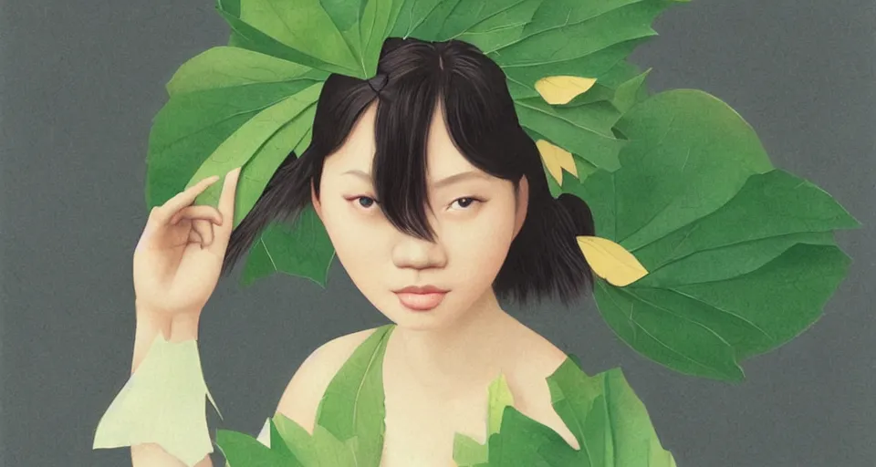 Image similar to asian female wearing leaf costume, art by dannylailai, by hsiao ron cheng