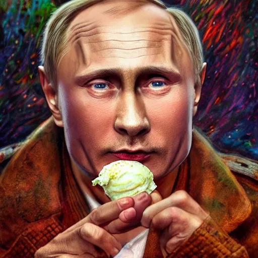 Prompt: portrait of ( ( ( vladimir putin ) ) ) inapocalyptic russia with icecream, hyperrealistic, digital concept art, sharp focus, 3 5 mm film, caricature illustration, art by magic realism, art by josephine wall, art by huang guangjian, art by viktoria gavrilenko, art by amanda sage, trending on artstation