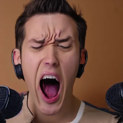 Image similar to a youtuber screaming into the microphone, having a mental breakdown