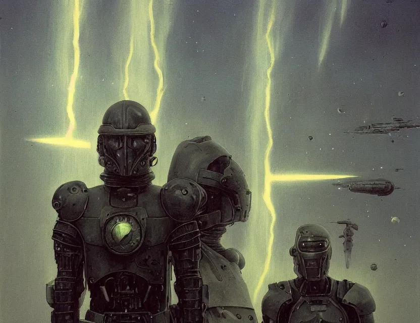 Image similar to a detailed portrait painting of a lone bounty hunter wearing combat armour. Laser eyes. Head and chest only. Movie scene, cinematic sci-fi scene. Flight suit, cloth and metal, accurate anatomy. portrait symmetrical and science fiction theme with lightning, aurora lighting. clouds and stars. Futurism by beksinski carl spitzweg moebius and tuomas korpi. baroque elements. baroque element. intricate artwork by caravaggio. Oil painting. Trending on artstation. 8k