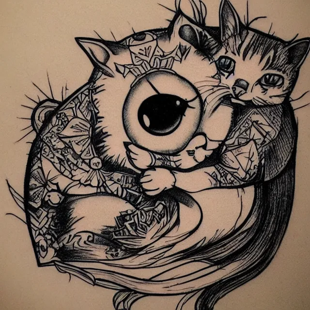 Prompt: tattoo sketch of a cat hugging the sun, on a canva, steampunk style, ornamental, line art, minimalism