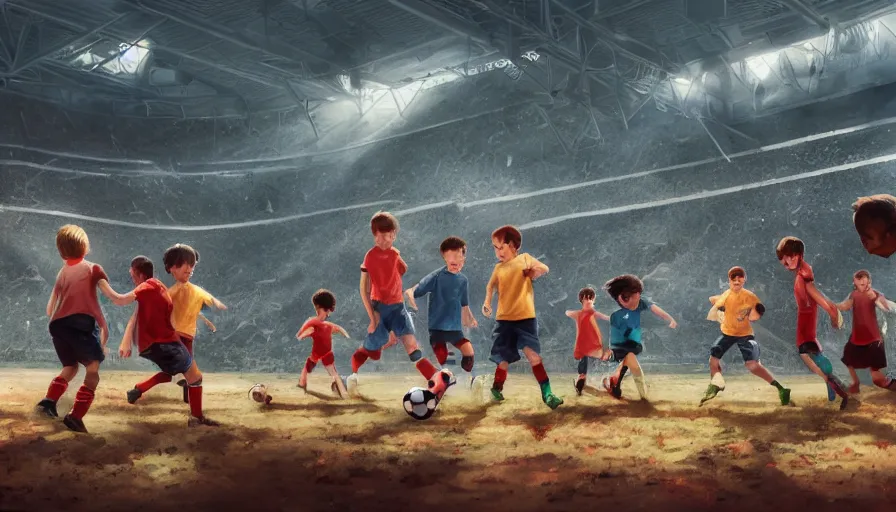Image similar to five kids playing soccer in destroyed rfk memorial stadium, sunny day, hyperdetailed, artstation, cgsociety, 8 k