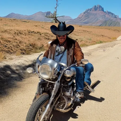 Prompt: a raccoon wearing a cowboy hat and a leather jacket riding a motorbike on top of a mountain