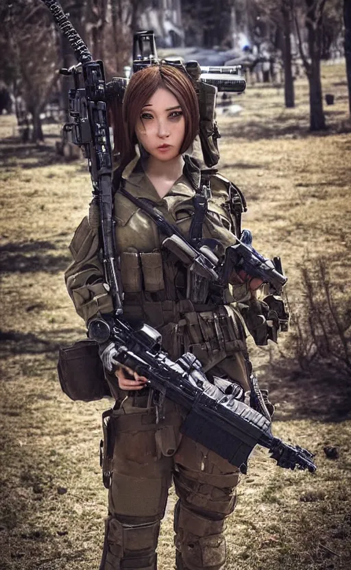 Prompt: an escalating violent firefight, highly detailed, high resolution, cosplay photo, stunning, girls frontline style, bokeh soft, 100mm, trending on instagram, by professional photographer, realistic human anatomy, real human faces, realistic military carrier, soldier clothing, modern warfare, realistic weapon, shot with a arriflex 35 ii, low saturation, small human eyes, running pose, maid outfit