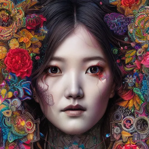 Image similar to portrait of park min young, hyper detailed masterpiece, neon floral pattern, jean giraud, digital art painting, darkwave goth aesthetic, psychedelic, artgerm, donato giancola and tom bagshaw