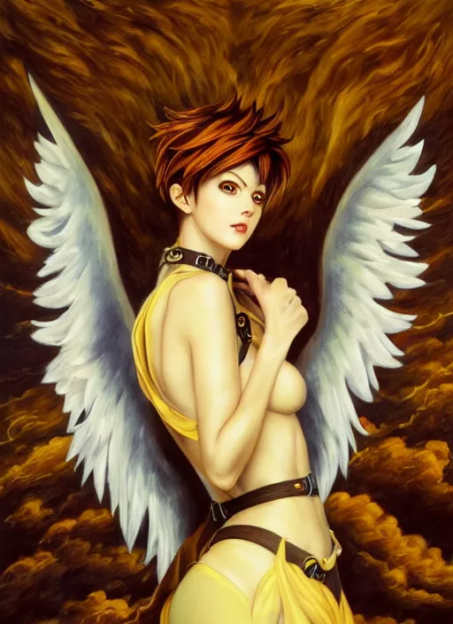 Image similar to full body oil painting of tracer overwatch in the style of evelyn de morgan, angel wings, dramatic painting, symmetrical composition, wearing gold detailed choker, golden chains, detailed face and eyes,