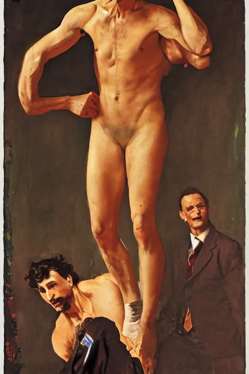 Image similar to body portrait of Justin Trudeau posing as a wrestler, colour painting by norman rockwell, guidi prime background by carl spitzweg