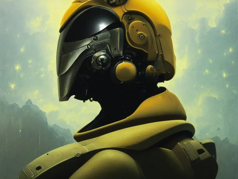 Image similar to a detailed profile oil painting of a bounty hunter in armour and visor, cinematic sci-fi poster. technology flight suit, portrait symmetrical and science fiction theme with lightning, aurora lighting clouds and stars. Clean and minimal design by beksinski carl spitzweg and tuomas korpi. baroque elements. baroque element. intricate artwork by caravaggio. Trending on artstation. 8k