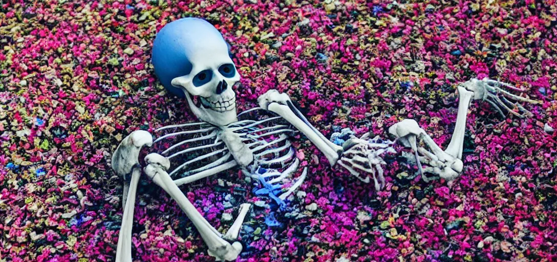 Image similar to the skeleton lies on the ground in front of the computer, office, magenta and blue