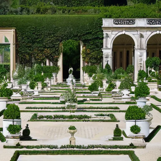Prompt: versailles orangerie with a garden full of tremiere rose, two stores, white column walls, stairs roof