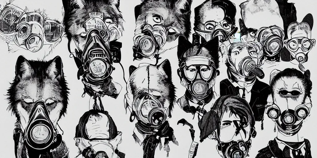 Prompt: risograph face wolfs gang photo group, theyre using wolf gas mask, other using grey bandana but no mask, by moebius and dirk dzimirsky and satisho kon, close - up wide portrait