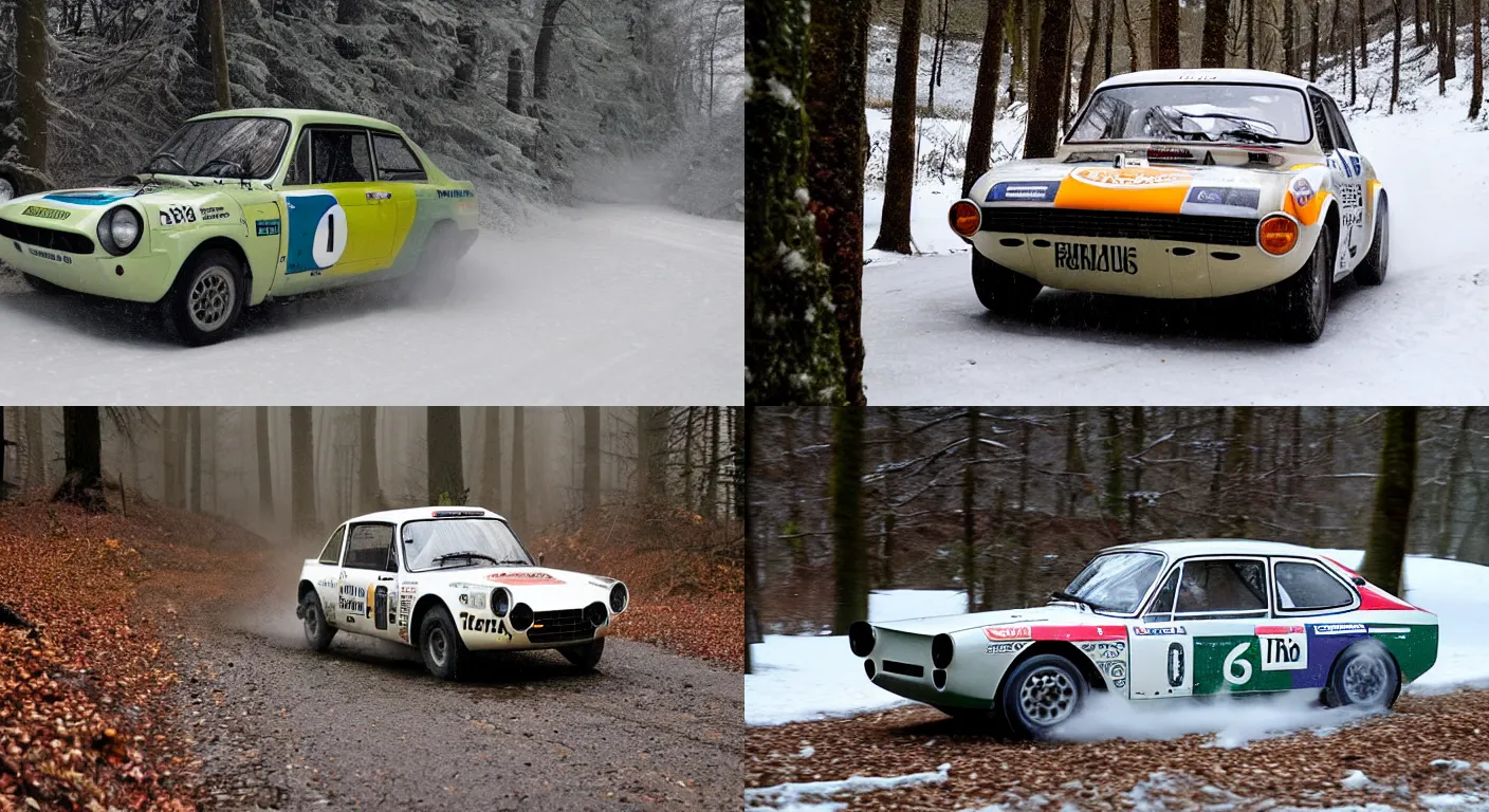 Prompt: a 1 9 6 6 lotus cortina, racing through a rally stage in a snowy forest