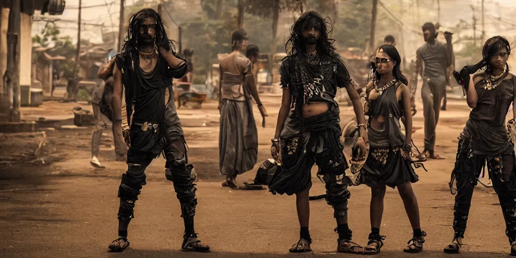 Image similar to sri lankan cyberpunk gang, film still, epic shot cinematography, rule of thirds, fantasy movie style