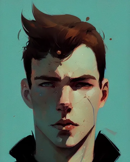 Image similar to portrait of beautiful male jon berntral by atey ghailan, by greg rutkowski, by greg tocchini, by james gilleard, by joe fenton, by kaethe butcher, dynamic lighting, gradient light blue, brown, blonde cream and white color scheme, grunge aesthetic