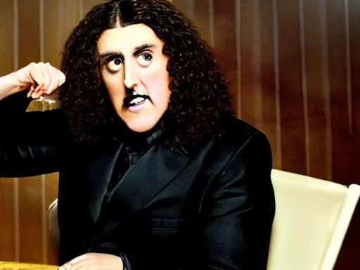 Prompt: weird al sentimentally looking at a spoon on a table